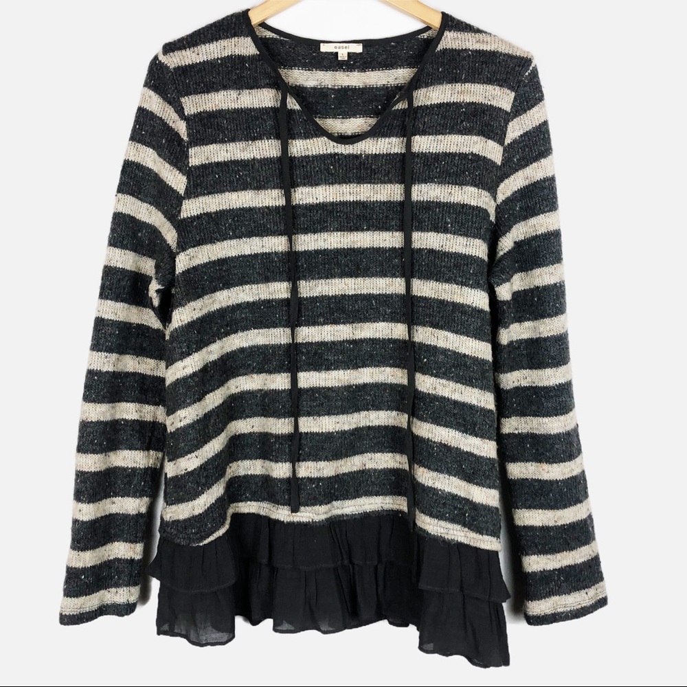 Easel Ruffle Striped Pullover Sweater | Charcoal Grey Tan | Size Large
